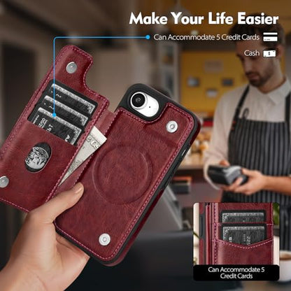 SkyEagle Compatible with MagSafe iPhone 17e / 16e Case Wallet,Wine Red | Magnetic Clasp,RFID Blocking,PU Leather,Flip Folio Shockproof Phone Cover,with Credit Card Slots & Kickstand for Men & Women - color: Wine Red