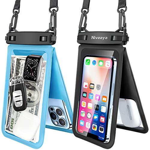 Niveaya Double Space Waterproof Phone Pouch - 2 Pack, Waterproof Phone Lanyard Case with iPhone 17/16/15/14/13 Pro Max up to 8.3", Phone Dry Bags for Vacation Beach Pool Kayak Cruise Travel Essentials - color: Black + Powder Blue, size: Medium 8.3"