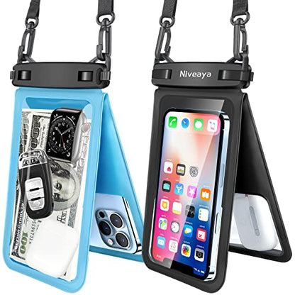 Niveaya Double Space Waterproof Phone Pouch - 2 Pack, Waterproof Phone Lanyard Case with iPhone 17/16/15/14/13 Pro Max up to 8.3", Phone Dry Bags for Vacation Beach Pool Kayak Cruise Travel Essentials - color: Black + Powder Blue, size: Medium 8.3"