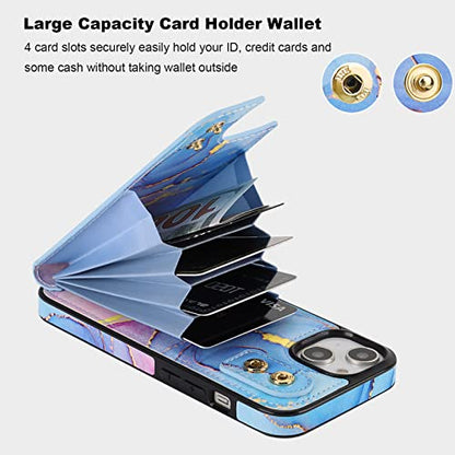 HAOPINSH for iPhone 13/ iPhone 14 Wallet Case with Card Holder, 360°Rotation Ring Kickstand, Pink Blue Marble Pattern, RFID Blocking Leather for Girls Women, Double Buttons Protective Cover 6.1" - color: Pink Blue Marble