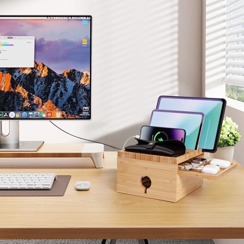 Bamboo Charging Station Organizer, No USB Charger and Cables - color: Natural bamboo color