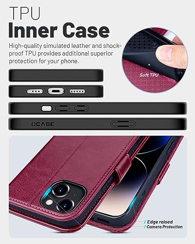 OCASE Compatible with iPhone 15 Wallet Case, PU Leather Flip Folio Case with Card Holders RFID Blocking Kickstand [Shockproof TPU Inner Shell] Phone Cover 6.1 Inch 2023, Burgundy - color: Burgundy