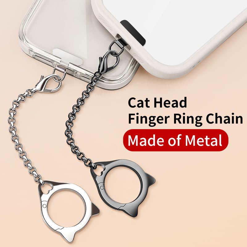 Metal Cat Head Phone Finger Grip Ring Chain Lanyard Keychain Holder Charm - color: Black