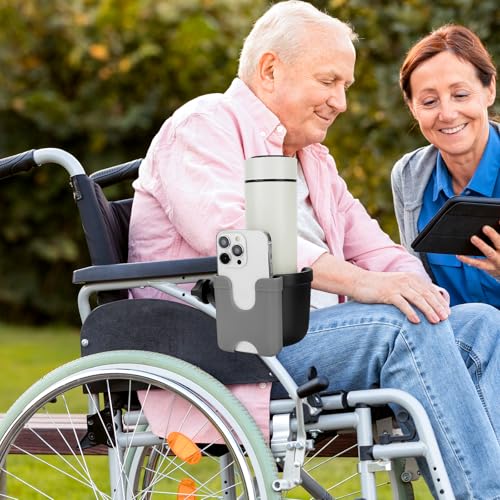 Accmor Wheelchair Cup Holder with Phone Holder, ﻿Universal 360° Rotatable Walker Cup Holder Rollator Scooter Accessory - color: Grey