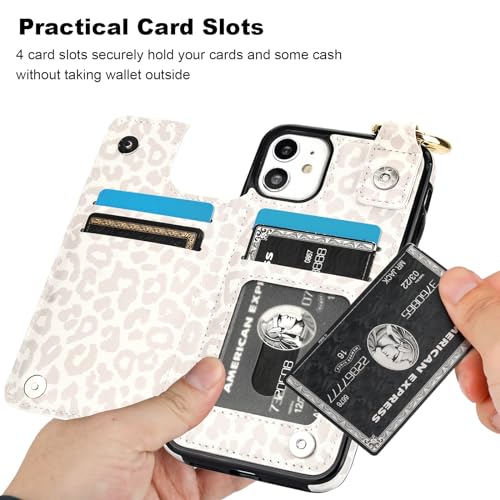 HAOPINSH for iPhone 11 Wallet Case with Card Holder, White Leopard Cheetah Print Back Flip Folio PU Leather Kickstand Card Slots Case, Finger Grip Ring Double Magnetic Clasp Shockproof 6.1" - color: White Leopard Grip Ring