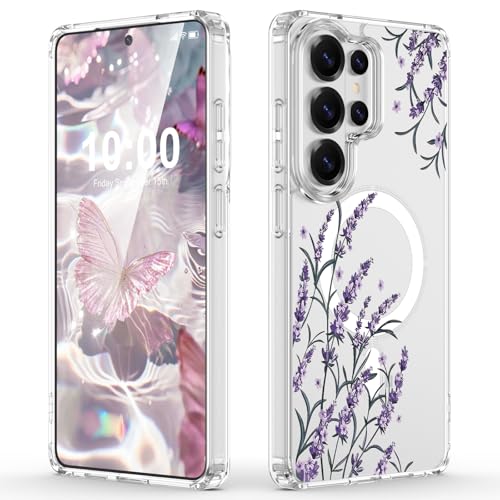 Designed for Samsung Galaxy S26 Ultra Case Magnetic Clear with Purple Flower Pattern Shockproof Protective Phone Case Cover for Women Girls - color: Purple Flower, size: s26 ultra case