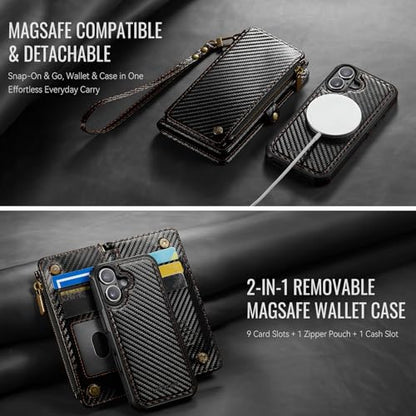 Defencase for iPhone 17 Phone Case Wallet Compatible with Magsafe, C-Black | Magnetic Detachable, Drop-Proof Protective Wallet Cases Cover, with RFID Bolcking Card Holder, Zipper Strap, Soft PU Leather - color: (Detachable with Magsafe)-Carbon Fiber Black