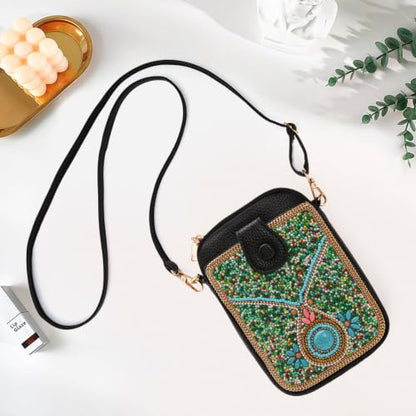 Women's Small Crossbody Cell Phone Bag, Boho Colorful Beaded Purse Wallet with Handmade Cute Patterns - color: Pattern 2