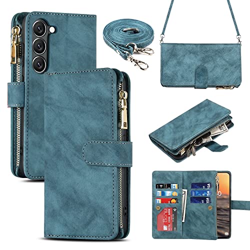 iCoverCase for Samsung Galaxy S23 Wallet Case with Card Holder, Kickstand Feature PU Leather Case with Adjustable Crossbody Lanyard Magnetic Clasp Zipper Pocket Flip Cover (Blue) - color: Blue, size: Galaxy S23