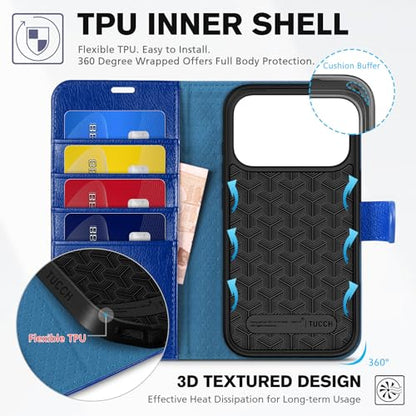 TUCCH Wallet Case for iPhone 17 Pro (6.3") 2025, Flip Stand, Klein Blue | RFID Blocking, 4 Card Holders, Kickstand, PU Leather, Shockproof TPU Shell, Magnetic Closure, Protective Folio Cover - color: Textured Klein Blue