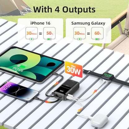 PD 30W Fast Charging Portable iPhone Charger 10 000mAh Mini Size Power Bank with Built in USB C & Lightning Cable, LED Display, Travel Battery Pack for iPhone 16/15/14/13 Series Samsung etc