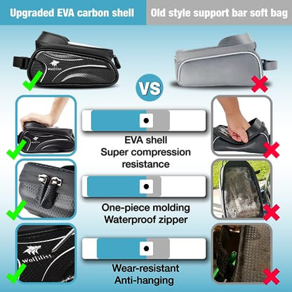 WOLFILIST Bike Frame Bag - Waterproof Bicycle Phone Holder Bike Accessories | 3D EVA Hard Shell with TPU Touchscreen & Rain Cover, Fits 7" Phones 1.5/2L Large Capacity Straps for Bike/E-Bike Adult Gifts