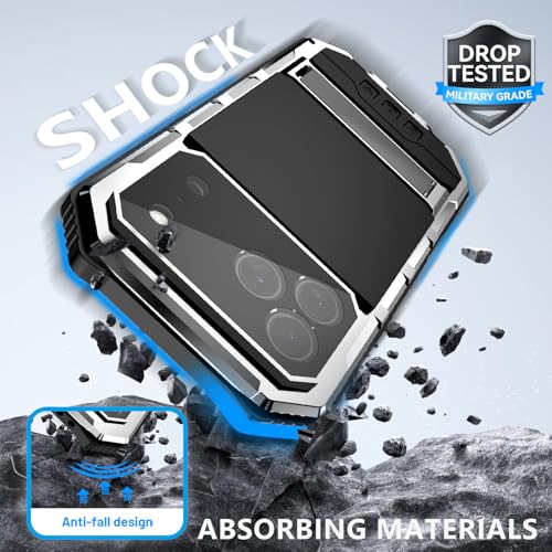 Simicoo Military Metal Heavy Duty Case Compatible with iPhone 17 Pro, Drop Protection Rugged Defender Metal Bumper Screws Phone Cover with Stand Gorilla Glass Camera Cover Full Body Dustproof Silver - color: Silver, size: iPhone 17 Pro