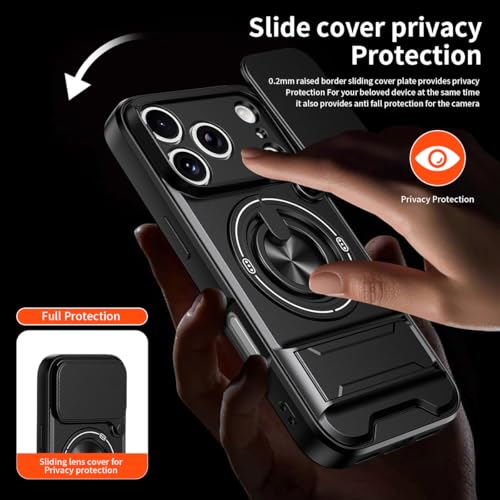 Dssairo for iPhone 17 Pro Max case with 360°Rotation Magnetic Ring Compatible with MagSafe Slide Camera Cover Foldable Stand Military-Grade Shockproof Protective case (Black, iPhone 17 Pro Max) - color: Black, size: iPhone 17 Pro Max