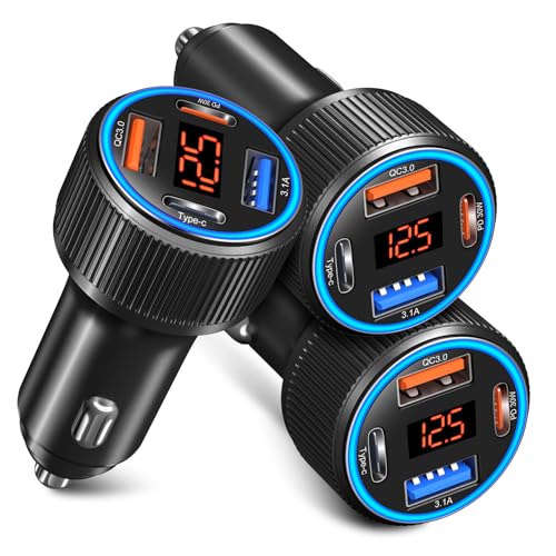USB C Car Charger 3 Pack, 65W 4 Port Car Phone Charger Adapter Voltmeter - color: Black, size: 3-Pack