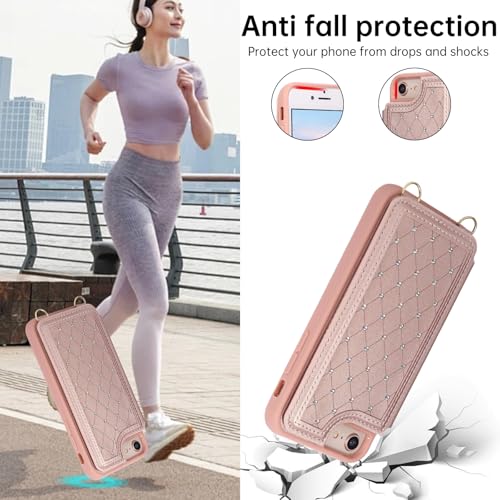 for iPhone 7/8/SE 2022/SE 2020 Wallet Case with Card Holder Slots and Strap, RFID Blocking Magnetic Flip Folio Cover, Crossbody Purse Protection Case with Kickstand,Rose Gold Diamond - color: Rose Gold Diamond, size: iPhone 7/8/SE 2022/SE 2020(6.6")