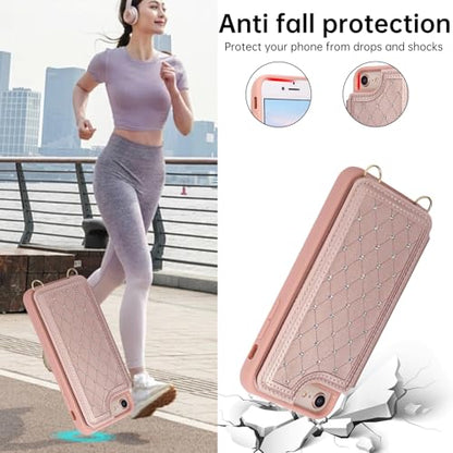 for iPhone 7/8/SE 2022/SE 2020 Wallet Case with Card Holder Slots and Strap, RFID Blocking Magnetic Flip Folio Cover, Crossbody Purse Protection Case with Kickstand,Rose Gold Diamond - color: Rose Gold Diamond, size: iPhone 7/8/SE 2022/SE 2020(6.6")