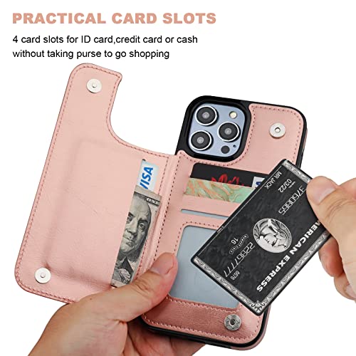 ONETOP for iPhone 14 Pro Max Wallet Case with Credit Card Holder,Rosegold | Kickstand,ID/Cash Holder,Case Wallet with Card Slots,Double Magnetic Clasp,Durable PU Leather Shockproof Cover for Women Men - color: Rose Gold