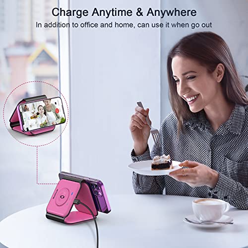 3 in 1 Wireless Charging Station for Apple,Foldable Magnetic Travel Charger - color: rose red