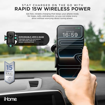 iHome Car Mount, Dashboard/Windshield/Vent Mount, Swivel Neck, Silicone Grip, Adjustable Mount Arm with Suction Cup Base (Wireless Charging Car Mount) - style: Wireless Charging Car Mount