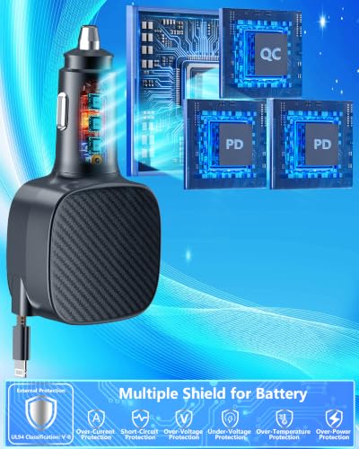 Apple MFi Certified iPhone Car Charger, 90W Retractable Car Phone Charger - color: Space Black