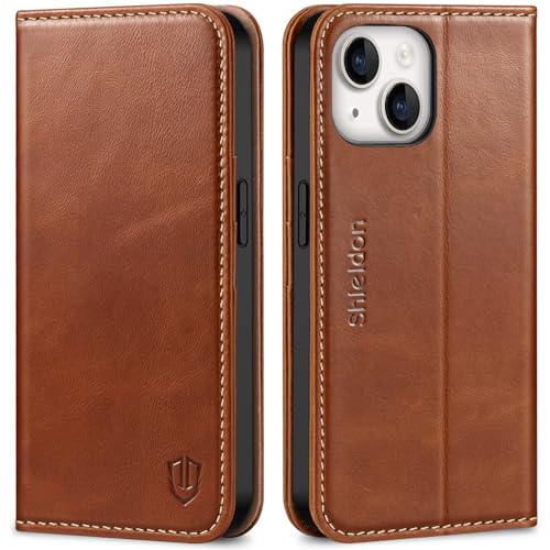SHIELDON Genuine Leather Flip Wallet Case for iPhone 14 6.1", Retro Brown | Magnetic Closure, RFID Blocking, Credit Card Holder, Kickstand, Flip Design, Shockproof Protective Cover - color: Blown - Retro