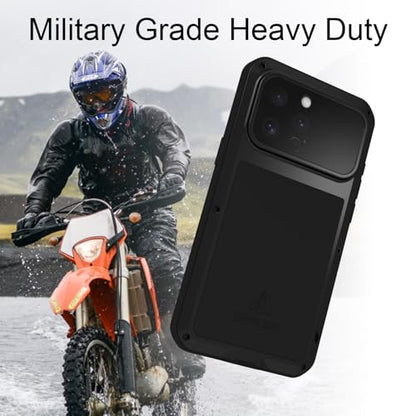 LOVE MEI Military Rugged Case for iPhone 16 Pro Max, with Tempered Glass Screen Protector, Shockproof Dustproof Scratch Proof Hybrid Metal and Silicone Gel Heavy Duty Full Body Cover Black - color: Black