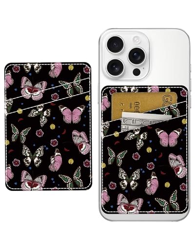 Phone Card Holder, Dual Pocket Leather Phone Wallet Adhesive Stick On, Cute Card Holder, Credit Card Holder for Phone Case Fascinating Butterfly - color: Fascinating Butterfly