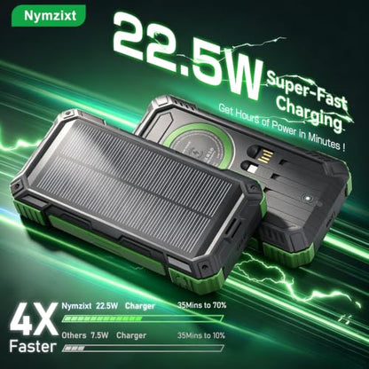 Solar Power Bank 49800mAh 22.5W QC3.0 Fast Charging Built in 4 Cables with USB C 6 Outputs & 2 Inputs for All Cell Phone Portable Wireless Charger Bright LED Flashlight Perfect for Camping