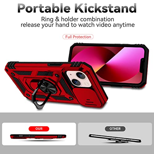 for iPhone 13 Case with Camera Lens Cover HD Screen Protector, Dual Layer [15 FT Military Grade Drop Protection] Magnetic Ring Holder Kickstand Protective Phone Case for iPhone 13 6.1 inch (Red) - color: Red with camera cover Military-Grade 2nd gen