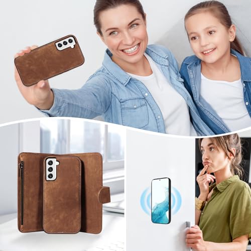 Asuwish Phone Case for Samsung Galaxy S22 5G Zipper Wallet Detachable Magnetic Cover with Tempered Glass Screen Protector Crossbody Lanyard Strap Card Holder S 22 22S 4G G5 6.1 inch Women Girls Brown - color: Brown