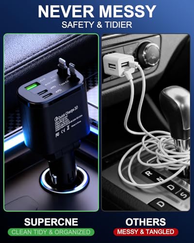 5-in-1 Fast Car Charger with USB-A and USB-C Ports, 75W High-Speed Charging, Retractable USB-C and Lightning Cables, Compatible with iPhone 16/15/14, Samsung Galaxy