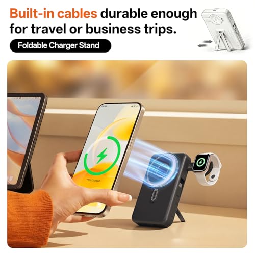 Q Magnetic Wireless Portable Charger 10,000mAh, Travel Essentials Power Bank with Built-in Cables & Foldable Stand, External Battery Pack Compatible with iPhone 17/16/15/14/13/12, Apple Watch - color: Black