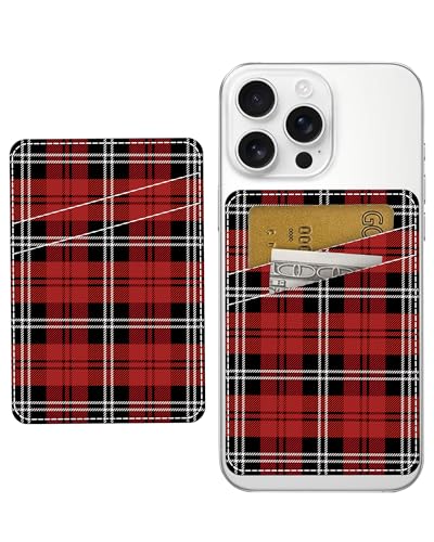 Phone Card Holder, Dual Pocket Leather Phone Wallet Adhesive Stick On, Cute Card Holder, Credit Card Holder for Phone Case Red Black Checkerboard - color: Red Black Checkerboard