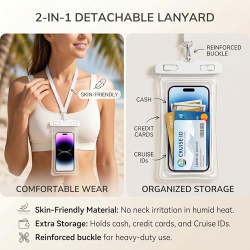 [2 Pack] Universal Floating Waterproof Phone Pouch, IP68 Water Proof Case for All Phones with Detachable Lanyard - Perfect Beach Cruise Essentials for iPhone 16 15 14 Pro Max, Galaxy S25