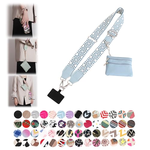 Phone Strap with Zippered Pouch, Clip and Go Strap for Phone with Wallet Crossbody, Adjustable Crossbody Phone Strap-3 - color: Diamond-blue