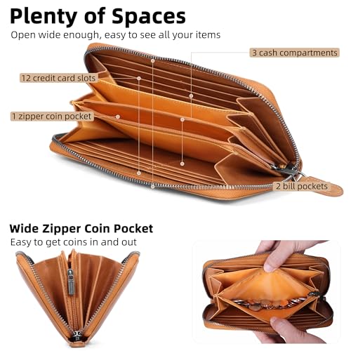 VISOUL Leather Long Zipper Pouch Wallet for Men and Women with RFID Blocking, Large Clutch Cash Long Wallet with Zipper (Tan) - color: Tan