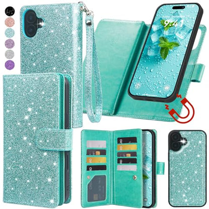 Varikke for iPhone 17 Glitter Case Wallet Magnetic Detachable, Mint Green - color: (Standard) Mint, size: iPhone 17 6.3"