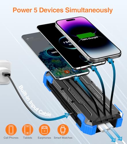 GOODaaa Solar Power Bank 24000mAh, Portable Charger with 4 Built-in Cables - color: Blue