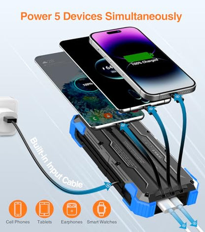 GOODaaa Solar Power Bank 24000mAh, Portable Charger with 4 Built-in Cables - color: Blue