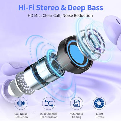 Wireless Earbuds, 2026 Bluetooth 5.4 Headphones Sport, 50Hrs HiFi Stereo Deep Bass Over-Ear buds with ENC Noise Cancelling Mic, IP7 Waterproof & LED Display Earphones with Earhooks for Workout/Running - color: comb blue purple