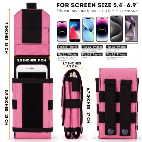 Dual Tactical Phone Pouch Molle Phone Holster Double Capacity Holder Universal Utility EDC Pouch for iPhone 17 Pro Max/17 Pro/16 Pro Max/16 Pro/15 Pro Max/15 - color: Hot Pink