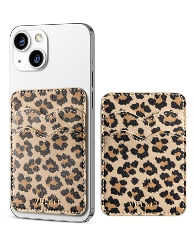 VULKIT Stick on Card Holder Compatible for iphone Leather Cell Phone Wallet Credit Card Case Strong Sticker for Women - color: Leopard Chic