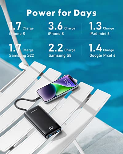 charmast 2 Pack Portable Charger, 10000mAh Power Bank Built-in Cables - color: Black+White
