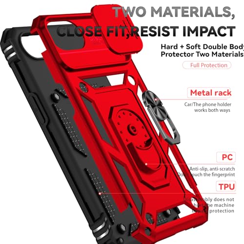 for iPhone 17E / iPhone 16E Case, with Camera Lens Cover HD Screen Protector, Dual Layer Military-Grade Drop Tested Magnetic Ring Holder Kickstand Protective Phone Case for iPhone 16E / 17E (Red) - color: Red with camera cover Military-Grade 2nd gen