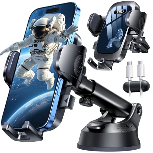 YRU【True Military-Grade Safety & Patent Certs】360°Rotation Car Phone Holder【100+LBS Strong Suction & Clip】Windshield Dash Vent Cell Phone Mount Cradle for iPhone17 16 Pro Max Truck Samsung, Black Blue - color: Black Blue