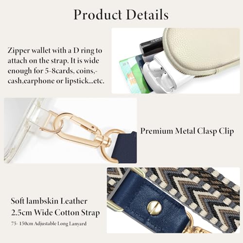 UKON Adjustable Phone Lanyard Crossbody Strap With Wallet Clip-and-Go Strap with Zippered Pouch Widened Phone String for iPhone Hands-Free for Travelling Concerts - color: Black+beige