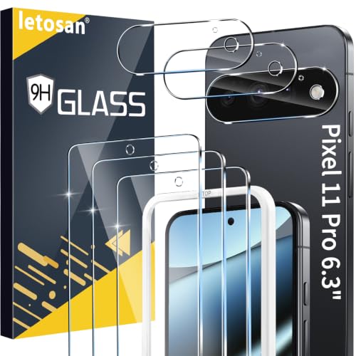 letosan 3 Pack for Google Pixel 11 Pro Screen Protector Tempered Glass + 3 Pack Camera Lens Protector, Military Grade Shatterproof, 9H Hardness, Fingerprint Unlock,Case Friendly 6.3 Inch - size: Pixel 11 Pro 6.3 Inch