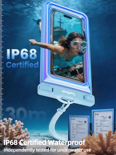 TopMade Floating Waterproof Phone Pouch, 2 Pack IP68 Waterproof Phone Case | Beach/Cruise/Travel Essentials, Detachable Lanyard, Waterproof Pouch for iPhone 17 16 15 Pro Max, Up to 7", Iridescent Blue - color: Blue