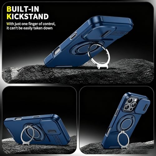 Rugged Shockproof Case for iPhone 17 Pro Max, Heavy Duty Protective Phone Case with Slide Camera Cover, 360° Rotatable Ring Stand & Magnetic Car Mount Compatible (Blue,iPhone 17 Pro Max) - color: Blue